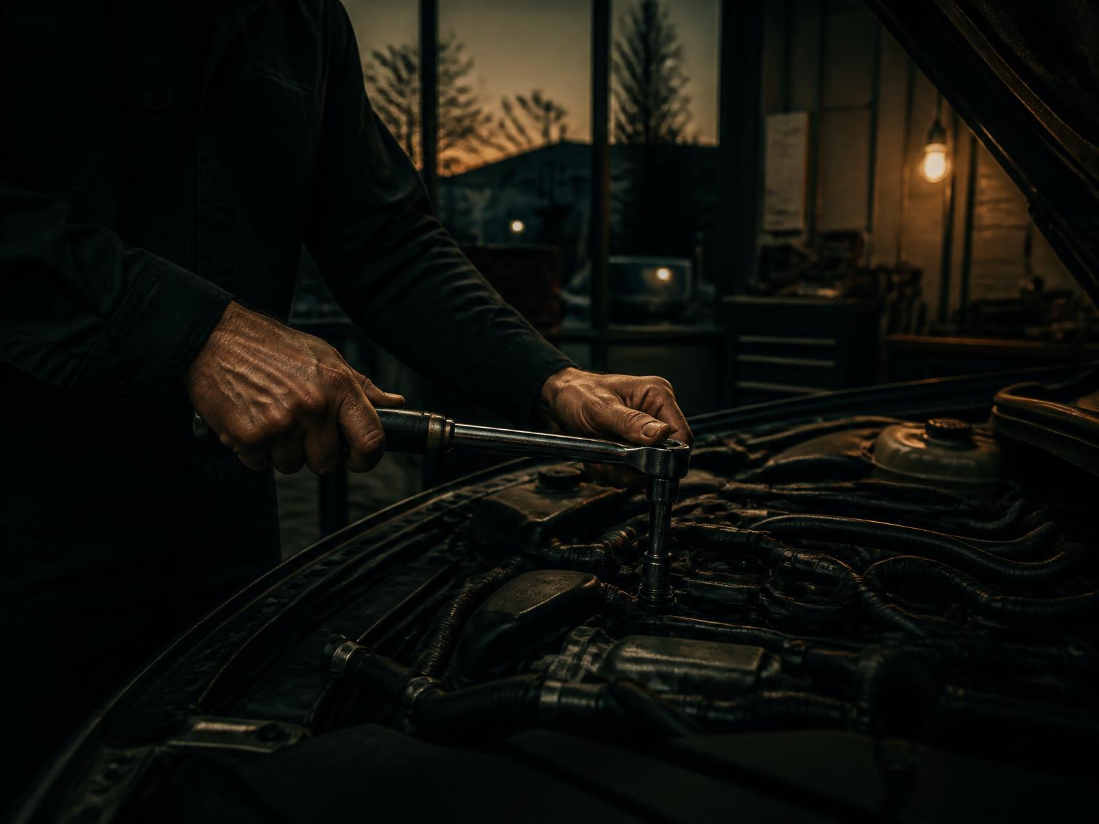 Mechanic tightening a bolt in an engine bay at an auto repair shop