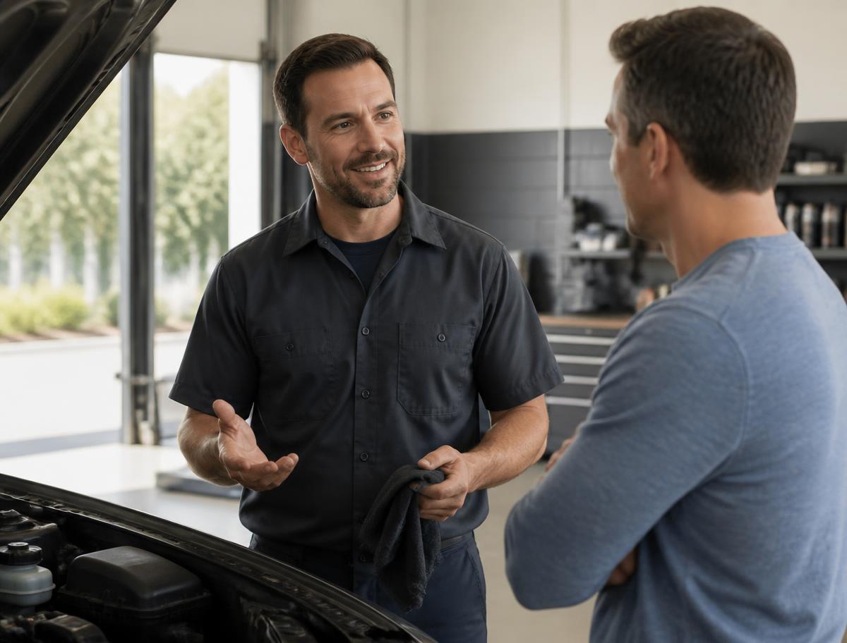 Mechanic explaining a repair to a customer beside an open car hood
